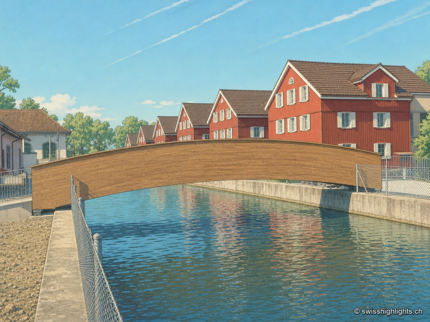 Une passerelle de bois en arc franchit le canal de Lorzenweid, devant un alignement de maisons ouvrières aux façades rouges et fenêtres blanches ; une clôture grillagée borde le premier plan.