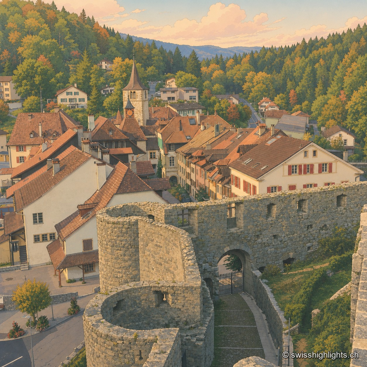 Vue plongeante sur le bourg fortifié de Valangin : au premier plan, une tour ronde et les remparts de pierre ; en contrebas, les toits du village serré contre la colline boisée, sous un ciel dégagé.