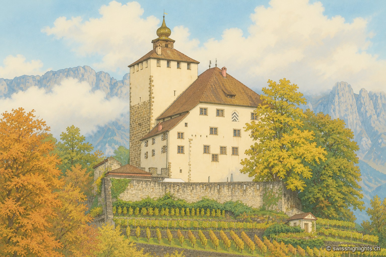 Le château de Werdenberg, tour blanche à toit conique rouge et étage à colombages, entouré d'arbres aux feuillages d'automne dorés, avec des terrasses de vigne en contrebas et les sommets alpins se découpant sous un ciel à nuages blancs.