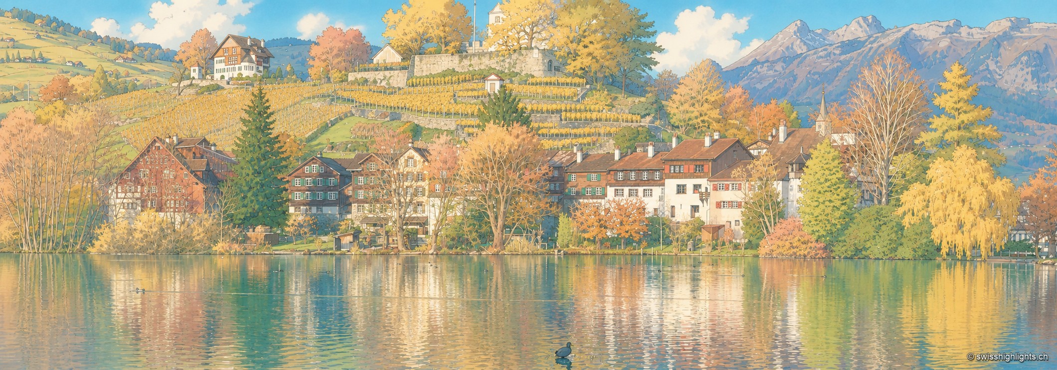 Panorama du lac de Werdenberg à l'automne : les maisons colorées du bourg, nichées parmi des arbres aux teintes rousses et dorées, se reflètent dans les eaux calmes du lac.