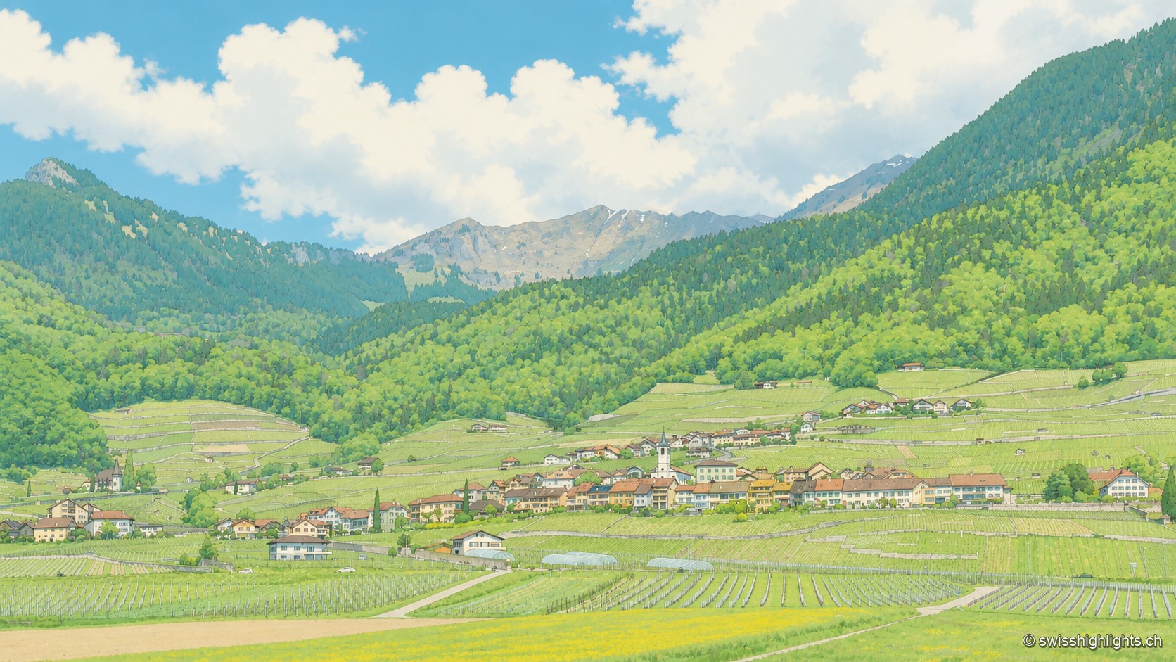 Le village d'Yvorne vu depuis les hauteurs, sous un ciel bleu à nuages blancs : au premier plan, des rangs de vigne en terrasses ; au centre, les toits du village et son clocher blanc ; en arrière-plan, les parois rocheuses et forêts des Préalpes vaudoises, dont un sommet dénudé strié de névés.