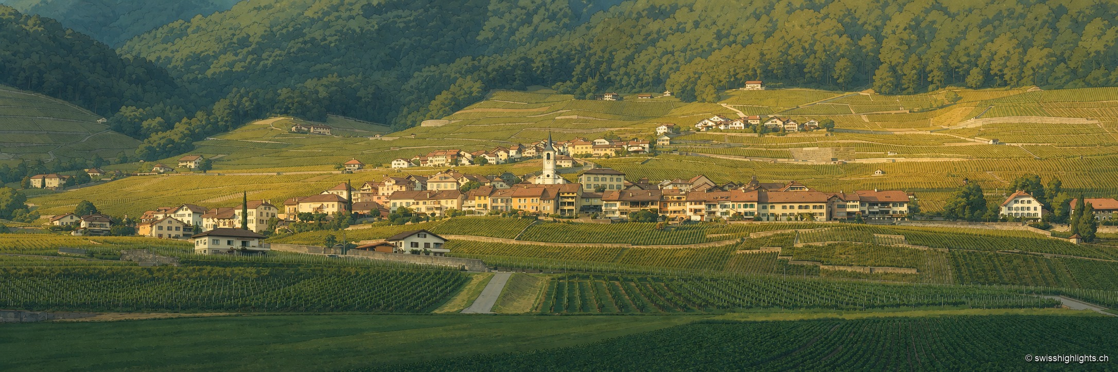 Panorama très large du village d'Yvorne niché parmi les vignes en terrasses, sous une lumière dorée de fin de journée ; les toits du village et son clocher se détachent au centre, entourés de rangs de vigne verts et jaunissants, avec des collines boisées en arrière-plan.