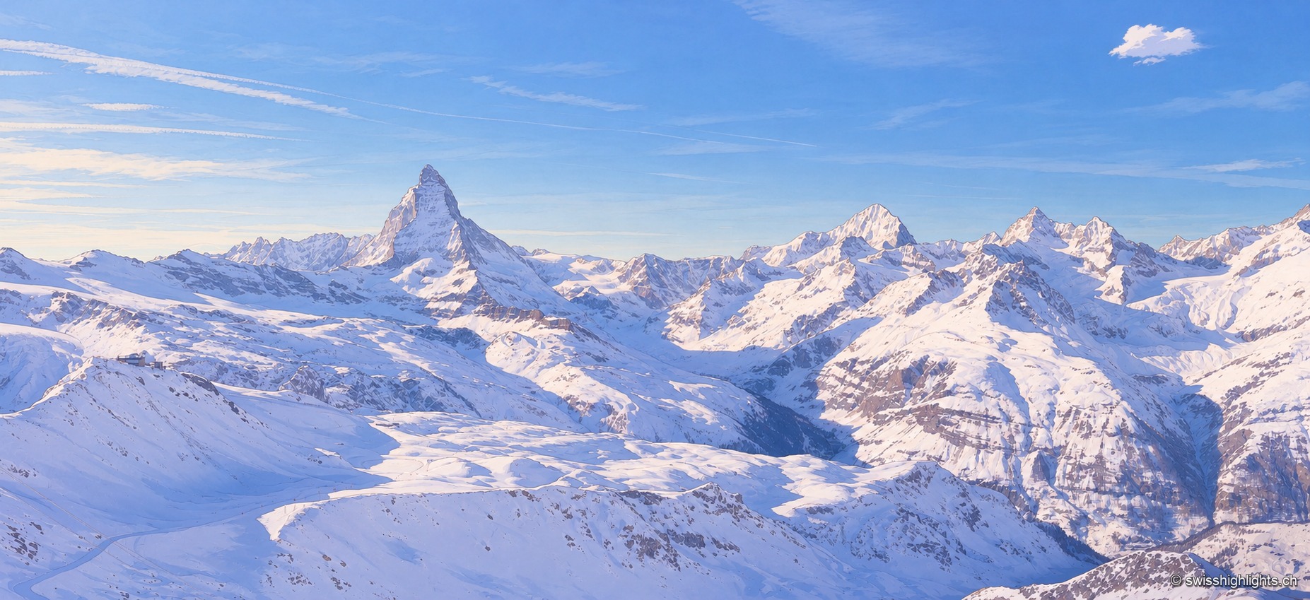 Vaste panorama hivernal des Alpes valaisannes entièrement enneigées : le Cervin se reconnaît à gauche parmi une succession de sommets et de crêtes acérées, au-dessus de larges pentes et combes blanches, sous un ciel bleu dégagé.