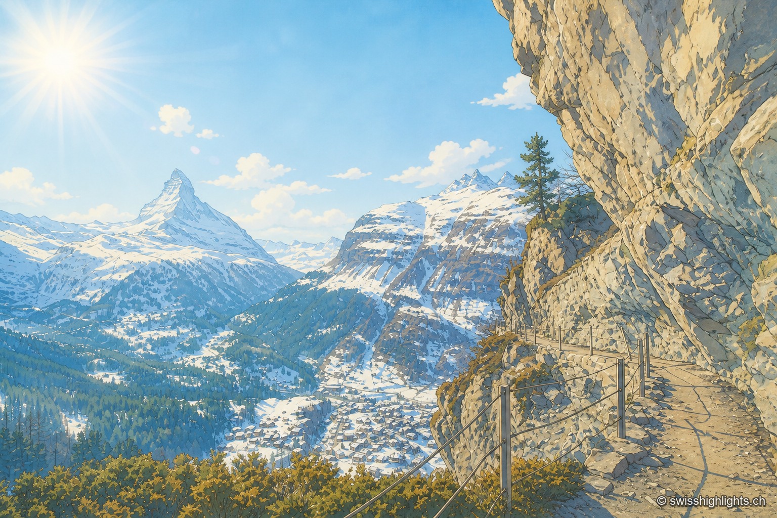 En plein jour, sous un soleil éclatant, un sentier de montagne balisé longe une paroi rocheuse claire à droite du cadre ; en contrebas, une forêt de conifères descend vers un village niché dans la vallée, et au loin se dresse la pyramide du Cervin parmi d'autres sommets enneigés, sous un ciel bleu semé de quelques nuages.