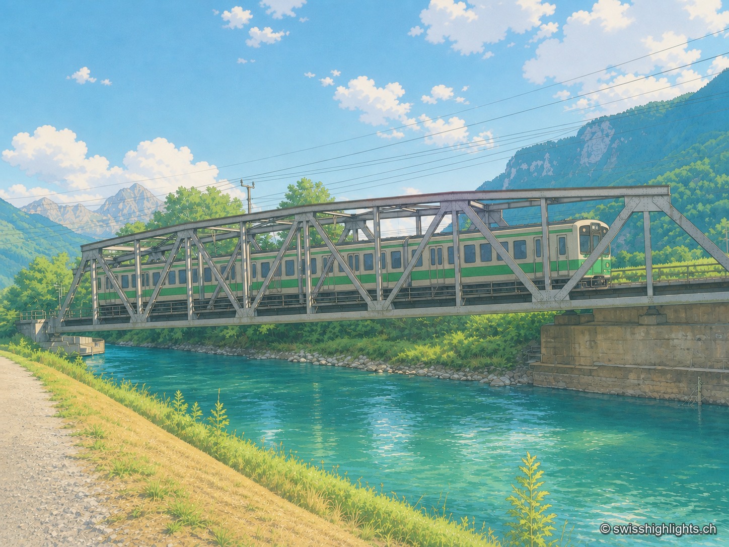 Un train régional traverse un pont métallique à treillis au-dessus d'un canal aux eaux turquoise, bordé d'un chemin de gravier et de rives herbeuses ; des collines boisées et un sommet rocheux se dessinent à l'arrière-plan sous un ciel bleu à nuages épars.