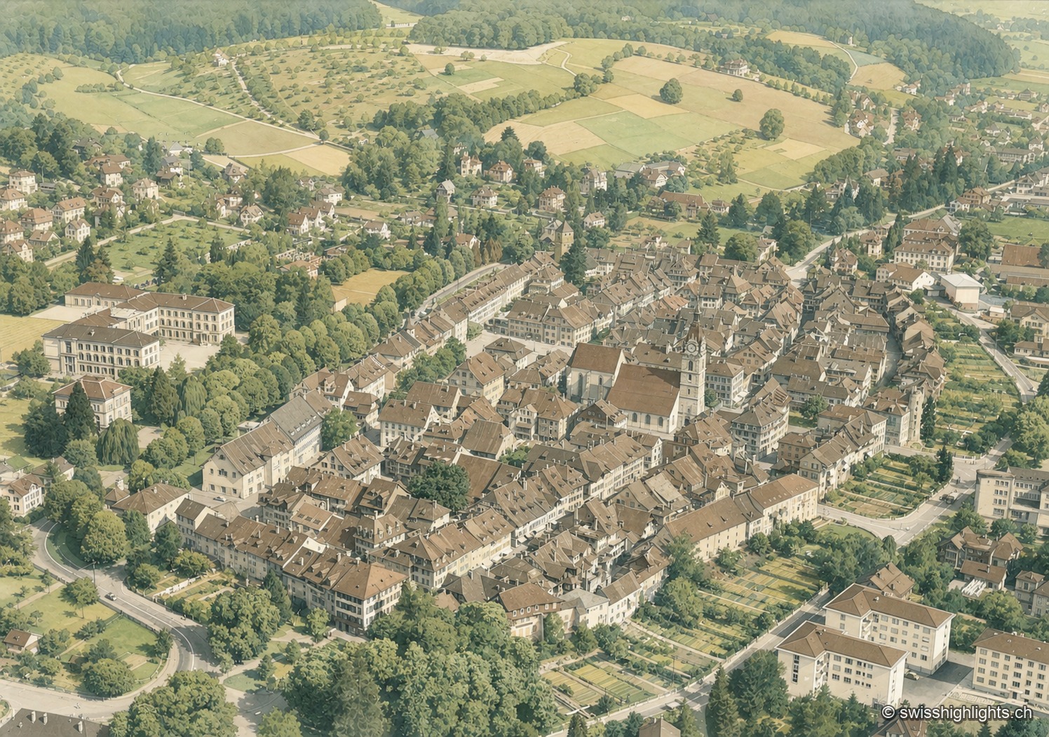 Vue aérienne oblique de la vieille ville de Zofingue en été : les toits serrés de la ville close dessinent un ovale allongé de part et d'autre de la rue principale, l'église et son clocher à horloge en occupent le centre, une tour de l'ancienne enceinte se dresse à droite ; un parc arboré et de grands bâtiments publics bordent la ville à gauche, des jardins en parcelles et des champs cultivés ferment le fond.