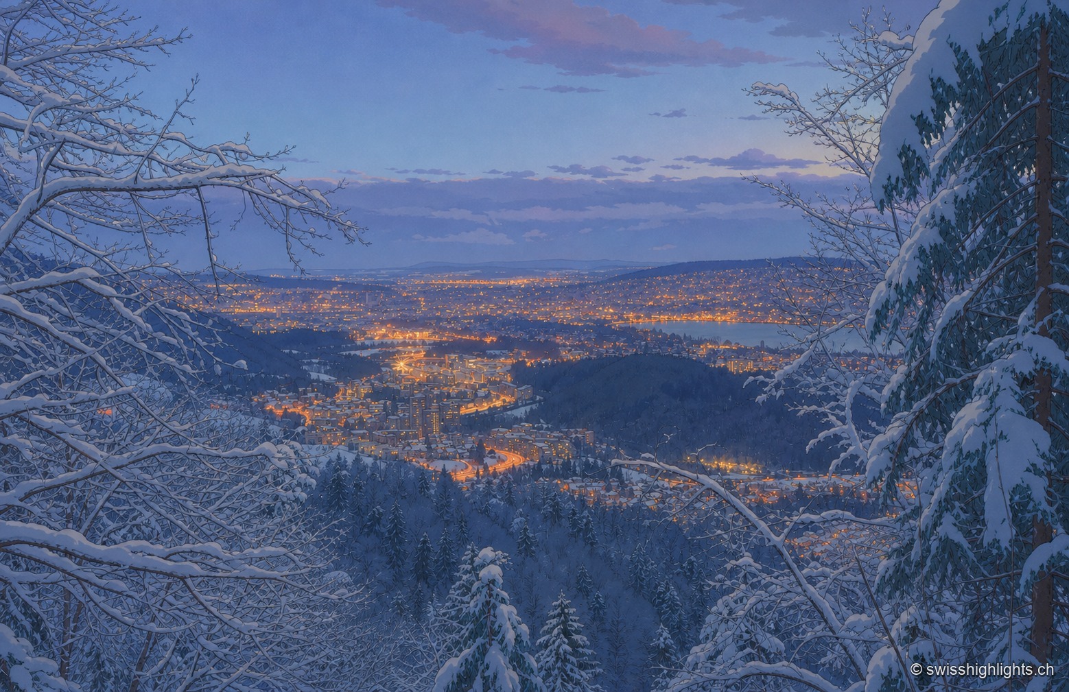Depuis un versant boisé couvert de neige, la vue plonge à l'heure bleue sur Zurich, dont les lumières orangées dessinent la ville étalée au fond de la vallée ; des branches enneigées encadrent le cadrage au premier plan.