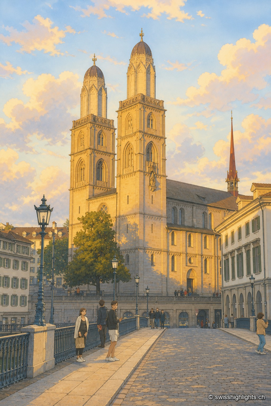 Les deux tours romanes du Grossmünster s'élèvent dans une lumière dorée de fin de journée, vues depuis un pont pavé où un réverbère et quelques passants se détachent au premier plan, sous un ciel semé de nuages roses.